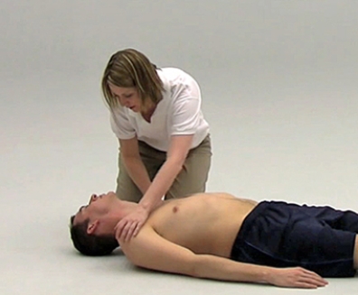 During a primary survey, if the response illustrated in the picture were to occur, what would be the next step?   A)  Begin cardiopulmonary resuscitation (CPR)  B)  Initiate rescue breathing C)  Tilt the head to open the airway D)  Call EMS / 911 E)  Re-tap the victim to confirm unresponsiveness