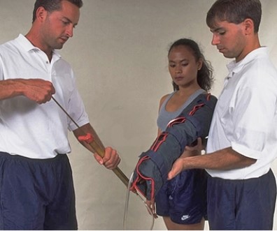 A patient is suffering from a fracture and dislocation of the ankle. Which of the following emergency splinting techniques would be the most appropriate? A)    B)    C)    D)    E)   