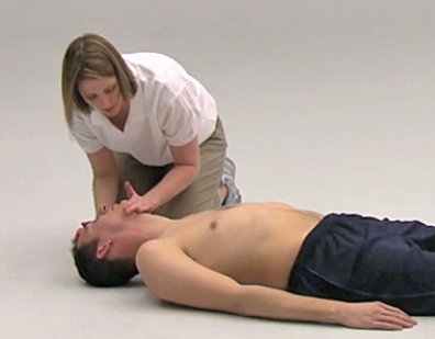 If an obstructed airway victim were to fall to ground unconscious, select from the following pictures the athletic trainer's immediate next step? A)    B)    C)    D)    E)   