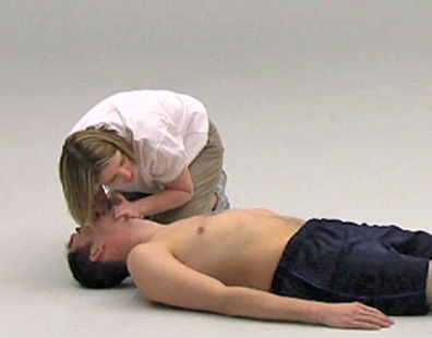 If an obstructed airway victim were to fall to ground unconscious, select from the following pictures the athletic trainer's immediate next step? A)    B)    C)    D)    E)   