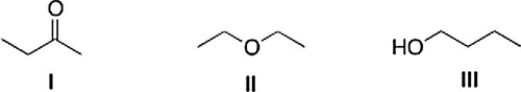 Consider the three organic compounds drawn below. Which of the following statements is (are)  true about the IR spectra of I, II, and III?   A)  II shows strong absorptions at 2950 cm<sup>-1</sup> and 2250 cm<sup>-1</sup>. B)  Statements (I shows strong absorptions at 2950 cm<sup>-1</sup> and 1700 cm<sup>-1</sup>)  and (III shows strong absorptions at 2950 cm<sup>-1</sup> and 3200-3600 cm<sup>-1</sup>)  are true. C)  III shows strong absorptions at 2950 cm<sup>-1</sup> and 3200-3600 cm<sup>-1</sup>. D)  I shows strong absorptions at 2950 cm<sup>-1</sup> and 1700 cm<sup>-1</sup>.