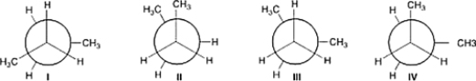 Which of the following conformers of butane has the highest energy?   A)  II B)  III C)  IV D)  I