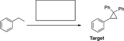 What is the appropriate sequence of reagents that will produce the target molecule shown below from ethylbenzene?   A)  (1)  H<sub>2</sub>SO<sub>4</sub>(aq.) , D ; (2)  MCPBA; (3)  CHBr<sub>3</sub>, KO(CH<sub>3</sub>) <sub>3</sub> ; (4)  CH<sub>2</sub>=CPh<sub>2</sub> B)  (1)  HBr, H<sub>2</sub>O<sub>2</sub>; (2)  KOC(CH<sub>3</sub>) <sub>3</sub> ; (3)  MCPBA; (4)  CH<sub>2</sub>=CPh<sub>2</sub> C)  (1)  Br<sub>2</sub>, FeBr<sub>3</sub> ; (2)  MCPBA; (3)  CHBr<sub>3</sub>, KO(CH<sub>3</sub>) <sub>3</sub> ; (4)  Ph<sub>2</sub>COCl D)  (1)  NBS, hn ; (2)  KOC(CH<sub>3</sub>) <sub>3</sub> ; (3)  CHBr<sub>3</sub>, KO(CH<sub>3</sub>) <sub>3</sub> ; (4)  a. LiCuPh<sub>2</sub>, b. H<sub>2</sub>O