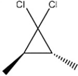 Starting with chloroform, what reactions order and reagents are necessary to produce the following product and its enantiomer?   A)  [1] KOC(CH<sub>3</sub>) <sub>3</sub>,[2] trans-2-butene B)  [1] KOC(CH<sub>3</sub>) <sub>3</sub>,[2] cis-2-butene C)  [1] trans-2-butene, [2] KOC(CH<sub>3</sub>) <sub>3</sub> D)  [1] cis-2-butene, [2] KOC(CH<sub>3</sub>) <sub>3</sub>