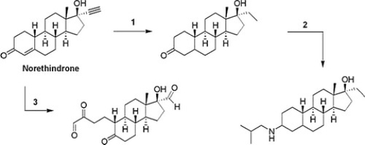 Norethindrone is a synthetic steroid that is better than progesterone in suppressing ovulation. What reagents (1-3)  are required to convert norethindrone to the derivatives shown below?   A)  (1)  H<sub>2</sub>, Pd-C; (2)  (CH<sub>3</sub>) <sub>2</sub>CHCH<sub>2</sub>NH<sub>2</sub>, NaBH<sub>3</sub>CN; (3)  a. O<sub>3</sub>, b. Zn, DMS B)  (1)  a. LiAlH<sub>4</sub>, b. H<sub>2</sub>O; (2)  (CH<sub>3</sub>) <sub>2</sub>CHCH<sub>2</sub>NH<sub>2</sub>, mild acid; (3)  a. OsO<sub>4</sub>, b. NaHSO<sub>3</sub> C)  (1)  a. LiAlH<sub>4</sub>, b. H<sub>2</sub>O; (2)  (CH<sub>3</sub>) <sub>2</sub>CHCH<sub>2</sub>NH<sub>2</sub>, NaBH<sub>3</sub>CN; (3)  a. OsO<sub>4</sub>, b. NaHSO<sub>3</sub> D)  (1)  H<sub>2</sub>, Pd-C; (2)  (CH<sub>3</sub>) <sub>2</sub>CHCH<sub>2</sub>NH<sub>2</sub>, mild acid; (3)  a. O<sub>3</sub>, b. Zn, DMS