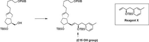 The stereoselective introduction of the C15 OH group on the w side chain of prostaglandins has presented a challenge for synthetic chemists. Recently, Mulzer and co-workers demonstrated a new route in which the w side chain is synthesized independently and then attached to the bicyclic counterpart. What is the appropriate sequence of reagents for the following synthesis?   A)  (1)  PBr<sub>3</sub>; (2)  Grubbs' catalyst, Reagent X; (3)  KOC(CH<sub>3</sub>) <sub>3</sub> B)  (1)  TsCl, pyridine; (2)  Grubbs' catalyst, Reagent X; (3)  KOC(CH<sub>3</sub>) <sub>3</sub> C)  (1)  PBr<sub>3</sub>; (2)  Ph<sub>3</sub>P=CH<sub>2</sub>; (3)  Grubbs' catalyst, Reagent X D)  (1)  PCC; (2)  Ph<sub>3</sub>P=CH<sub>2</sub>; (3)  Grubbs' catalyst, Reagent X