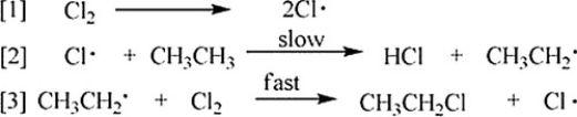  A possible reaction of ethane with chlorine is shown below.     This reaction could conceivably occur by the following chain mechanisms [1], [2], and [3]. Determine DH for step [2]. Bond dissociation energies (kcal/mol) :      \begin{array}{|ll|} \hline \text { Bond } \mathrm{A}-\mathrm{B} & \Delta \mathrm{H} \\ \hline \mathrm{Cl}-\mathrm{Cl} & 58 \\ \mathrm{CH}_{3}-\mathrm{H} & 104 \\ \mathrm{CH}_{3} \mathrm{CH}_{2}-\mathrm{H} & 98 \\ \mathrm{CH}_{3} \mathrm{CH}_{3} & 88 \\ \mathrm{CH}_{3} \mathrm{CH}_{2}-\mathrm{Cl} & 81 \\ \mathrm{H}-\mathrm{Cl} & 103 \\ \hline \end{array}   A)  +58 kcal/mol B)  -28 kcal/mol C) -5 kcal/mol D)  None of the choices are correct. 