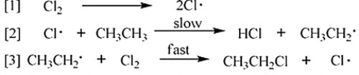 A possible reaction of ethane with chlorine is shown below. This reaction could conceivably occur by the following chain mechanisms [1], [2], and [3]. The chain propagating step(s)  is (are)  ________.      A)  Only [1] and [2] B)  Only [2] and [3] C)  Only [3] D)  Only [1] and [3]