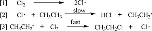  A possible reaction of ethane with chlorine is shown below.     This reaction could conceivably occur by the following chain mechanisms [1], [2], and [3]. Determine DH for step [1]. Bond dissociation energies (kcal/mol) :      \begin{array}{|l|l|} \hline \text { Bond A-B } & \Delta \mathrm{H} \\ \hline \mathrm{Cl}-\mathrm{Cl} & 58 \\ \mathrm{CH}_{3}-\mathrm{H} & 104 \\ \mathrm{CH}_{3} \mathrm{CH}_{2}-\mathrm{H} & 98 \\ \mathrm{CH}_{3}-\mathrm{CH}_{3} & 88 \\ \mathrm{CH}_{3}-\mathrm{Cl} & 84 \\ \mathrm{H}-\mathrm{Cl} & 103 \\ \hline \end{array}   A)  -5 kcal/mol B)  None of the choices are correct. C)  -58 kcal/mol D) -28 kcal/mol 