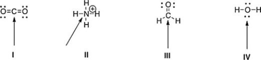 <strong>Determine the geometry around the indicated atom in each species. </strong> A) I = Trigonal planar; II = linear; III = tetrahedral; IV = trigonal planar B) I = Tetrahedral; II = trigonal planar; III = linear; IV = tetrahedral C) I = Linear; II = tetrahedral; III = trigonal planar; IV = tetrahedral D) I = Linear; II = tetrahedral; III = trigonal planar; IV = linear