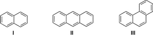 What is the correct assignment of the names of the following fused aromatic compounds?   A)  I = naphthalene; II = phenanthrene; III = anthracene B)  I = naphthalene; II = anthracene; III = phenanthrene C)  I = anthracene; II = naphthalene; III = phenanthrene D)  I = naphthalene; II = phenanthrene; III = benzo[a]pyrene