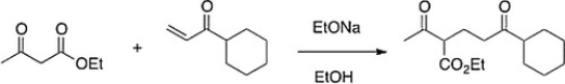 The following reaction is an example of what type of reaction?   A)  Dieckmann condensation B)  Robinson annulation C)  Aldol self-condensation D)  Michael reaction