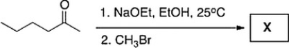 Treatment of 2-hexanone with NaOCH<sub>2</sub>CH<sub>3</sub> followed by CH<sub>3</sub>Br affords compound X (C<sub>7</sub>H<sub>14</sub>O)  as the major product. X shows a strong absorption in the IR spectrum at 1713 cm<sup>?1</sup>, and its <sup>1</sup>H NMR data is given below. What is the structure of X?     \begin{array}{llcc}   \text {Signal \#  } &  \text { Shift (ppm)  }  &  \text {Multiplicity } &  \text {Integration }\\ 1&0.96& \text {triplet}&3 \mathrm{H}\\ 2&1.16& \text {doublet}&3 \mathrm{H}\\ 3&1.33& \text {multiplet}&2 \mathrm{H}\\ 4&1.53&\text {multiplet}&2 \mathrm{H}\\ 5&2.09& \text {singlet}&3 \mathrm{H}\\ 6&2.52& \text {multiplet}&1 \mathrm{H} \end{array}    A)  IV B)  III C)  II D)  I 