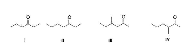  Treatment of 2-hexanone with NaOCH<sub>2</sub>CH<sub>3</sub> followed by CH<sub>3</sub>Br affords compound X (C<sub>7</sub>H<sub>14</sub>O)  as the major product. X shows a strong absorption in the IR spectrum at 1713 cm<sup>?1</sup>, and its <sup>1</sup>H NMR data is given below. What is the structure of X?     \begin{array}{llcc}   \text {Signal \#  } &  \text { Shift (ppm)  }  &  \text {Multiplicity } &  \text {Integration }\\ 1&0.96& \text {triplet}&3 \mathrm{H}\\ 2&1.16& \text {doublet}&3 \mathrm{H}\\ 3&1.33& \text {multiplet}&2 \mathrm{H}\\ 4&1.53&\text {multiplet}&2 \mathrm{H}\\ 5&2.09& \text {singlet}&3 \mathrm{H}\\ 6&2.52& \text {multiplet}&1 \mathrm{H} \end{array}    A)  IV B)  III C)  II D)  I 