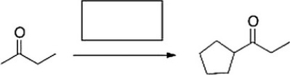 Select the appropriate sequence of reactions to accomplish the following synthesis.   A)  [1] LDA; [2] BrCH<sub>2</sub>CH<sub>2</sub>CH<sub>2</sub>CH<sub>2</sub>Br; [3] NaOEt B)  [1] Br<sub>2</sub>, CH<sub>3</sub>CO<sub>2</sub>H; [2] Li<sub>2</sub>CO<sub>3</sub>, LiBr, DMF; [3] CH<sub>3</sub>CH<sub>2</sub>CH<sub>2</sub>CH<sub>2</sub>Br C)  [1] Br<sub>2</sub>, CH<sub>3</sub>CO<sub>2</sub>H; [2] Mg, Et<sub>2</sub>O; [3] CH<sub>3</sub>CH<sub>2</sub>CH<sub>2</sub>CH<sub>2</sub>Br D)  [1] NaOEt; [2] BrCH<sub>2</sub>CH<sub>2</sub>CH<sub>2</sub>CH<sub>2</sub>Br; [3] LDA