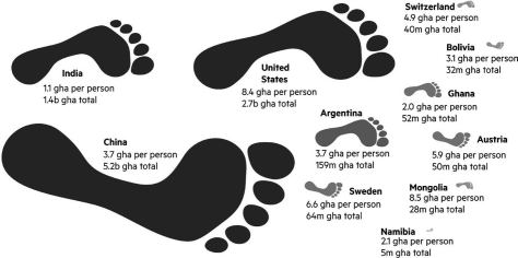The three countries with the largest ecological footprints are the United States, China, and India.   Given that the populations of these countries are 320 million (United States) , 1.4 billion (China) , and1.3 billion (India) , which of the statements is correct? A)  The average footprint for an individual is smaller in the United States than in China or India. B)  Countries with larger populations use more resources than countries with smaller populations. C)  The average footprint for an individual is larger in the United States than in China or India. D)  None of these is correct.