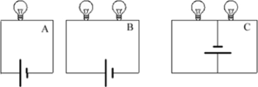 In the circuits shown here all the batteries have the same emf, and all the bulbs are identical. The circuit with the greatest current is   A)  A B)  B C)  C D)  all have the same current because the batteries have the same emf.