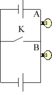  Two identical lightbulbs of resistance 10.0  \Omega  are placed in the circuit shown here. Both batteries are 6.0-V batteries. The current in the circuit is   A)  0 A. B)  0.30 A. C)  0.60 A. D)  1.2 A. E)  2.4 A. 