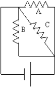  The resistors in the figure here are R<sub>A</sub> = 4.0   \Omega , R<sub>B</sub> = 4.0   \Omega , and R<sub>C</sub> = 2.0   \Omega ; the emf is 8.0 V. The currents through the resistors are   A)  0.80 A, 0.80 A, and 0.80 A respectively. B)  2.0 A, 2.0 A, and 4.0 A respectively. C)  3.0 A, 3.0 A, and 2.0 A respectively. D)  8.0 A, 8.0 A, and 8.0 A respectively. E)  2.0 A, 4.0 A, and 2.0 A respectively. 