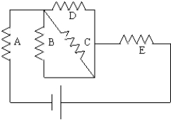  The resistors in the figure here are R<sub>A</sub> = 2.0   \Omega , R<sub>B</sub> = 12.0   \Omega , R<sub>C</sub> = 12.0   \Omega , R<sub>D</sub> = 6.0   \Omega  and R<sub>E</sub> = 5.0   \Omega ; the emf is 20.0 V. The current through R<sub>D</sub> is   A)  3.3 A. B)  2.0 A. C)  1.5 A. D)  1.0 A. E)  0.12 A. 