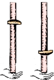 A clamp is fastened at the 70-cm mark on a meterstick. Of the two arrangements pictured here, it is easier to balance the system vertically on your hand in   A)  the arrangement with the clamp up. B)  the arrangement with the clamp down. C)  neither; both arrangements are equally difficult to balance.
