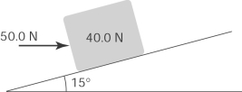 A 50.0-N horizontal force is applied to a 40.0-N crate that is placed on a 15° ramp. The coefficient of kinetic friction between the crate and the ramp is 0.25. The net force acting on the crate is   A)  25 N. B)  30 N. C)  40 N. D)  50 N.