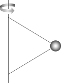A ball is connected by two massless strings to a vertical, rotating rod, and it moves in a horizontal circle. The strings are tied to the rod, are taut, and form two sides of an equilateral triangle. A photograph of the system is taken at moment t and is shown in the figure here. At t the centripetal acceleration of the ball is   A)  horizontal and points right. B)  horizontal and points left. C)  zero. D)  vertical and points upward. E)  vertical and points downward.
