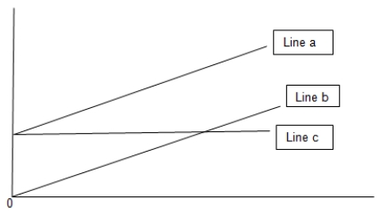 What does line c on the graph represent?     A)  Variable cost B)  Fixed cost C)  Total cost D)  Revenue