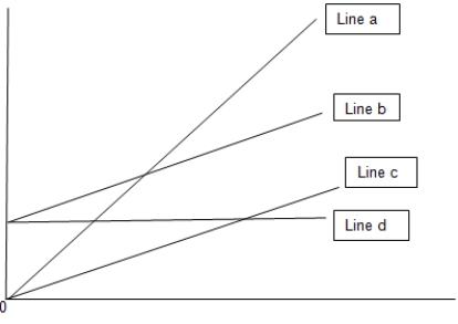 What does line a on the graph represent?   A)  Variable cost B)  Fixed cost C)  Total cost D)  Total revenue