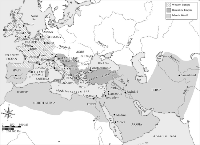The Carolingian Empire was centered in what area on this map?   A) The Byzantine Empire B) The Islamic World C) Western Europe