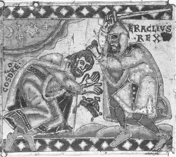 The figure on the right is the Byzantine emperor Heraclius. He is shown here defeating the New Persian king _______, who had sacked Jerusalem in 614 and taken the True Cross and other Christian treasures back to Persia.   A) Peroz B) Belisarius C) Kavad D) Chosroes