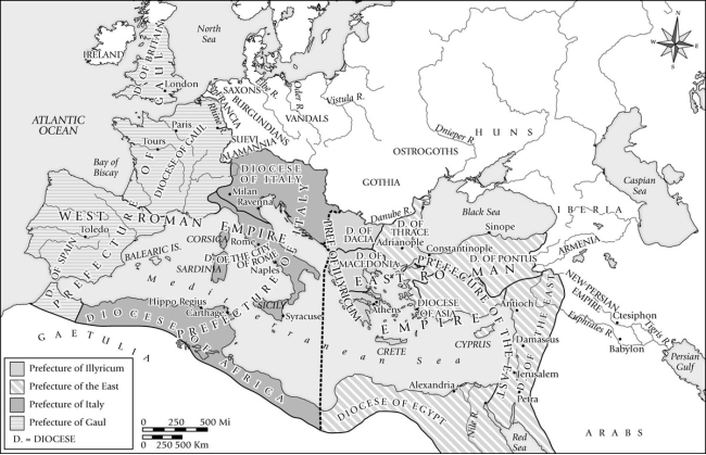 Attila the Hun's invasion of which diocese on this map in 451 led to the Battle of the Mauriac Plain (or Catalaunian Fields) , in which the previously undefeated Huns were put to flight?   A) Dacia B) Macedonia C) Italy D) Gaul