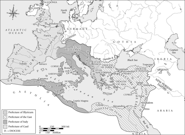 The dioceses seen on this map were administered by _______.   A) centurions B) vicars C) praetorians D) Caesars