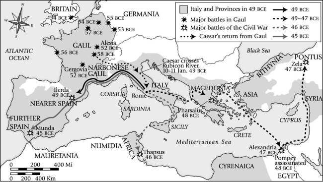 After which battle on this map did Caesar issue his famous words  veni, vidi, vici  ( I came, I saw, I conquered ) ?   A) Ilerda (49 BCE)  B) Zela (47 BCE)  C) Alesia (52 BCE)  D) Alexandria (47 BCE) 