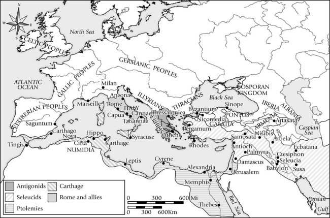 Which of the peoples on this map sacked Rome?   A) Germanic Peoples B) Celtiberian Peoples C) Thracians D) Gallic Peoples