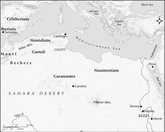 Which of the cities located on this map became the most powerful by the early third century BCE?   A) Garama B) Tartessus C) Carthage D) Meroë