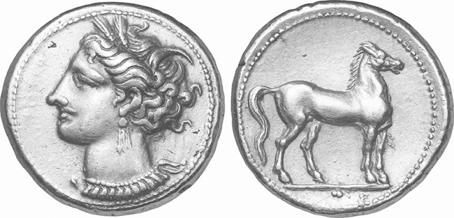 The fact that this gold shekel depicts the goddess Tanit on one side reveals that it is a coin of the _______.   A) Scythians B) Carthaginians C) Bactrians D) Kushites