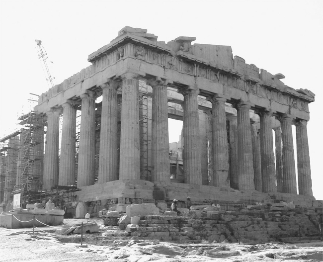 Which of the following statements are true of the building seen here?   A) It is in the Doric style B) It is located on the Acropolis of Athens C) It is dedicated to Athena Parthenos D) It was destroyed by the Spartans at the end of the Peloponnesian War