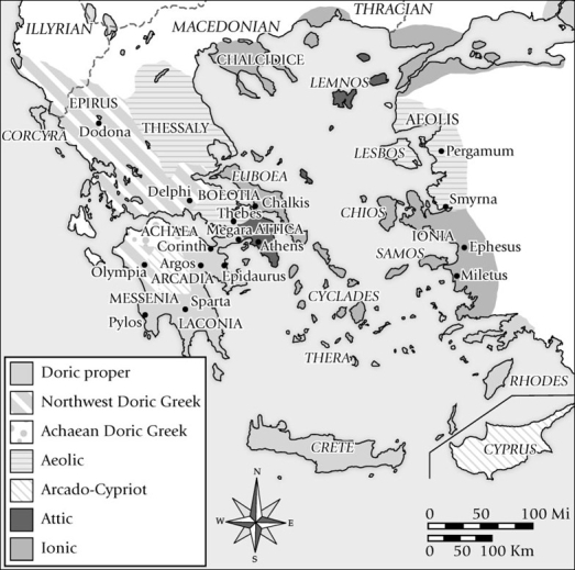 The breakdown of ancient Greek dialect patterns in this map is particularly relevant to establishing the historical bases of which of the following?   A) The Lelantine War B) The emergence of Pan-Hellenic games C) The rise of tyrants D) The invasion of the Dorians