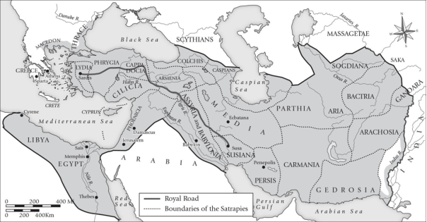 Is the extent of the Persian Empire, seen here, greater than, smaller than, or roughly the same size as the Assyrian Empire at its height?   A) Greater B) Smaller C) Roughly the same size