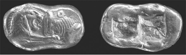 This electrum stater comes from the _______, the very people who invented coinage in the seventh century BCE.   A) Persians B) Assyrians C) Egyptians D) Lydians