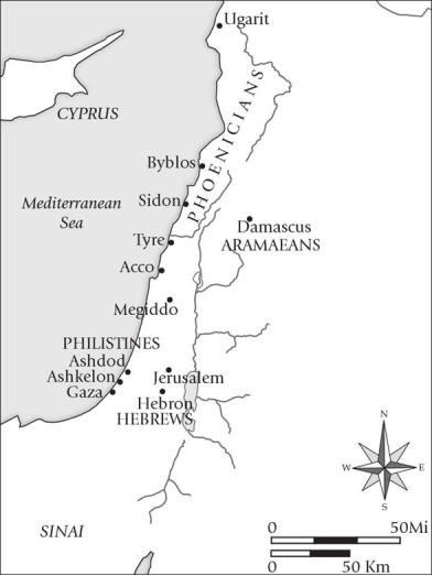 Of the peoples on this map, which one was responsible for a vast maritime commercial network?   A) Phoenicians B) Aramaeans C) Philistines D) Hebrews