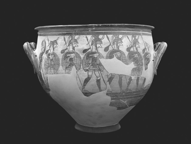 Judging from the characteristic representation of the figures on it, this vase is _______.   A) Mycenaean B) Minoan C) Akkadian D) Phoenician