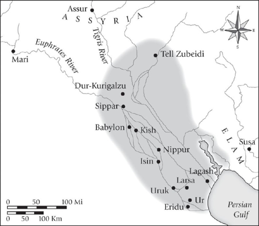 Is the extent of the thirteenth-century BCE Kassite kingdom, as it is represented in this map, greater, lesser, or about the same as the extent of the Akkadian empire in the third millennium BCE?   A) greater B) lesser C) about the same