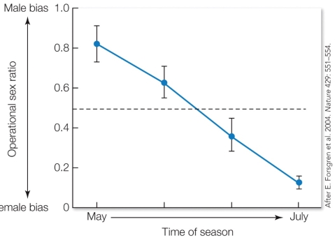 Refer to the figure.   These results show that A)  species with male-biased operational sex ratios are more common. B)  female-biased operational sex ratios are more likely to occur in warmer environments. C)  the operational sex ratio shifts from male-biased to female-biased over the season. D)  there is higher mating success in males in the beginning of the season compared to the end of the season.