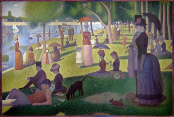    and contrast Vincent van Gogh's The Night Café (Figure 3.3) with Georges Seurat's A Sunday on La Grande Jatte (Figure 3.47A) in terms of their use of color, value, and organization of represented objects. How do the two works of art use different methods for depicting the illusion of three-dimensional space on a two-dimensional surface?
