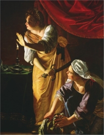   In what ways do we see the element of time in Artemisia Gentileschi's Judith and Her Maidservant with the Head of Holofernes (figure 3.29)?