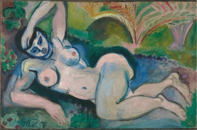   Henri Matisse's Blue Nude (figure 2.31)  was controversial because: A)  It used unnatural colors B)  It depicted a nude C)  It was burned in Chicago D)  It looked like Aphrodite