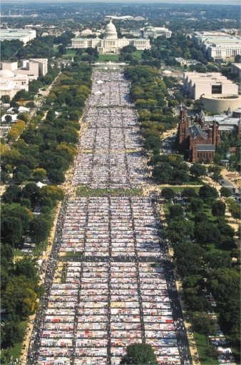   The AIDS Memorial Quilt (figure 1.46)  could be an example of which three concepts? A)  It reminds people of causes that need attention, it is a protest against the social order, and it is a work of propaganda B)  It is a protest against the social order, it is pulling together viewers' and artists' feelings and thoughts, and it is receiving government support C)  It is pulling together viewers' and artists' feelings and thoughts, it reminds people of causes that need attention, and it is a type of decoration D)  It reminds people of causes that need attention, it is a protest against the social order, and it is pulling together viewers' and artists' feelings and thoughts