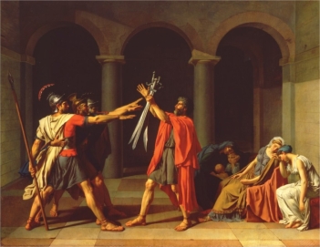   Jacques-Louis David's The Oath of the Horatii (figure 19.10)  is a model of structured Enlightenment thought due to what aspects? A)  Triadic color scheme and focused intent of the men B)  Triadic color scheme and passionate emotion C)  Soft curves of the women and enormous size D)  Warm and cool colors and powerful rhythm